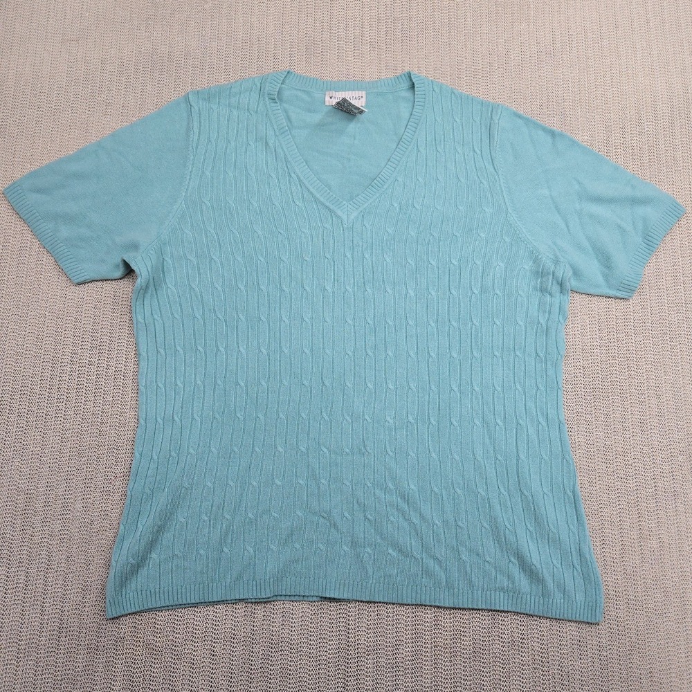 White Stag Shirt Top Womens XL Blue V-Neck Short Sleeve Cable Knit Pullover